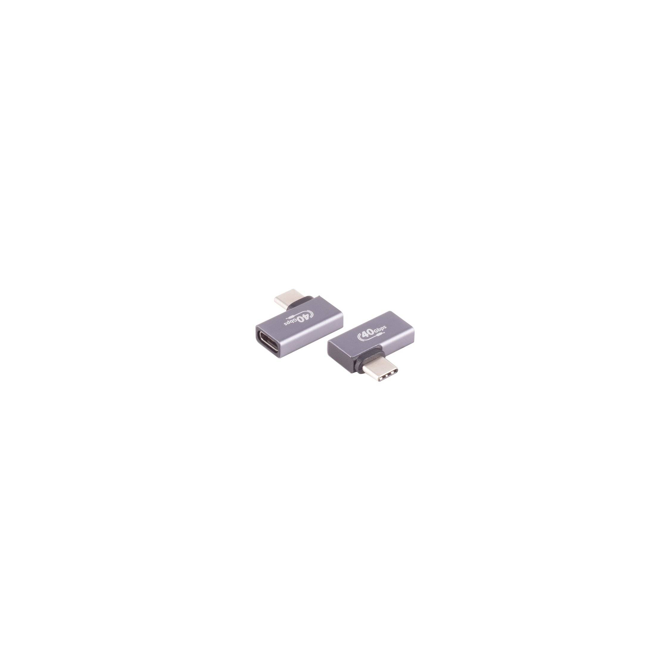 Zwei kleine graue USB-Adapter auf weißem Hintergrund, einer mit USB-C-Stecker und einer mit USB-C-Anschluss.