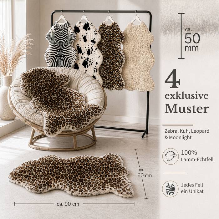 FLOORDIREKT Design Schaffell Audrey - Echtes Lammfell aus 100 % Schafwolle - Temperaturregulierend & Atmungsaktiv - Leopard