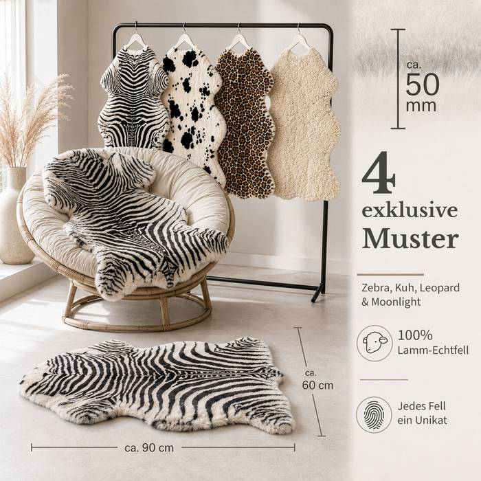 FLOORDIREKT Design Schaffell Audrey - Echtes Lammfell aus 100 % Schafwolle - Temperaturregulierend & Atmungsaktiv - Zebra