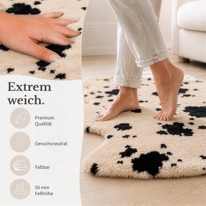 FLOORDIREKT Design Schaffell Audrey - Echtes Lammfell aus 100 % Schafwolle - Temperaturregulierend & Atmungsaktiv - Kuh