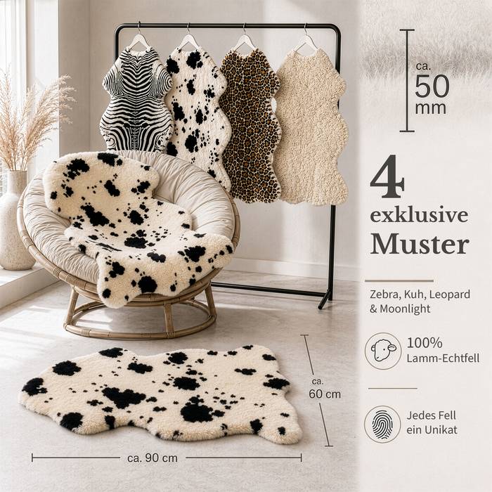 FLOORDIREKT Design Schaffell Audrey - Echtes Lammfell aus 100 % Schafwolle - Temperaturregulierend & Atmungsaktiv - Kuh