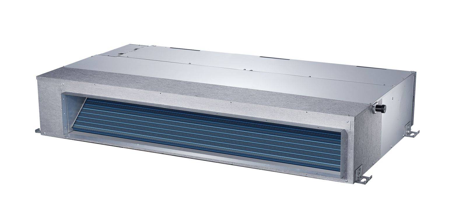 Rechteckige HVAC-Luftbehandlungsanlage oder Kanaleinheit mit frontalem Ansaugungsgitter, isoliert auf weißem Hintergrund dargestellt.