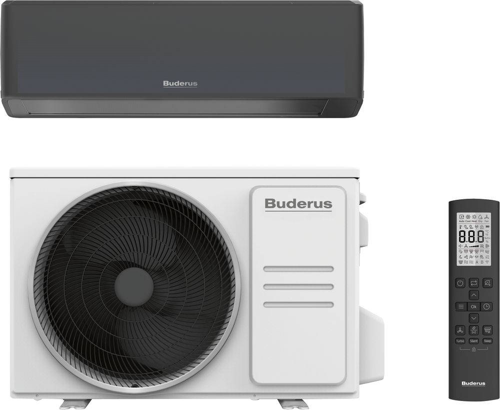 Buderus-Wärmepumpensystem mit wandmontierter Inneneinheit, externer Kompressoreinheit und Fernbedienung auf weißem Hintergrund.