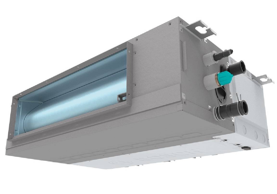Wandmontiertes HVAC-Luftbehandlungsgerät mit freigelegten Kanalverbindungen und einem sichtbaren Ventilator im rechteckigen Metallgehäuse.