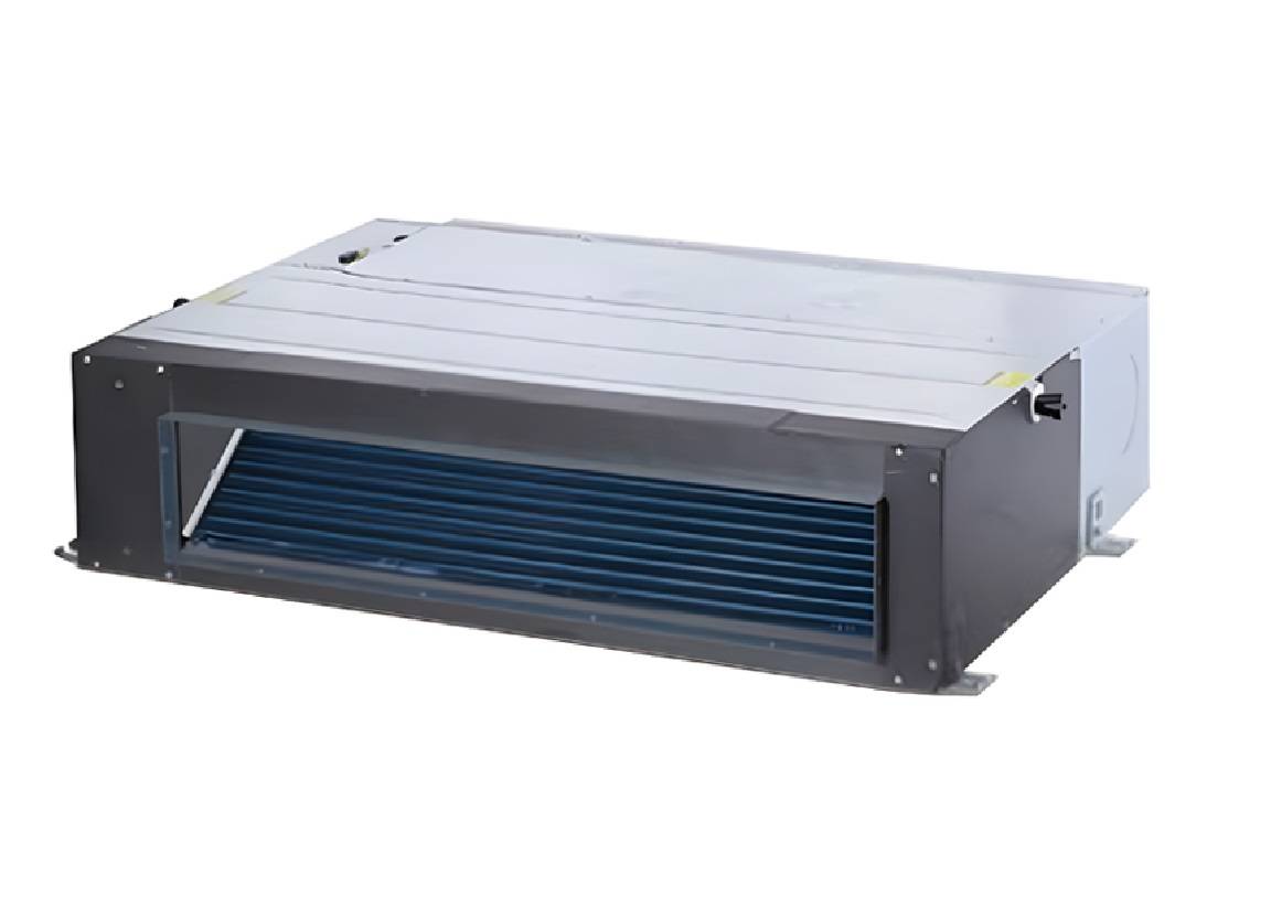 Rechteckige kanalisierte HVAC-Gebläsekonvektoreinheit mit Metallgehäuse und vorderer Luftgitteröffnung, dargestellt vor weißem Hintergrund.