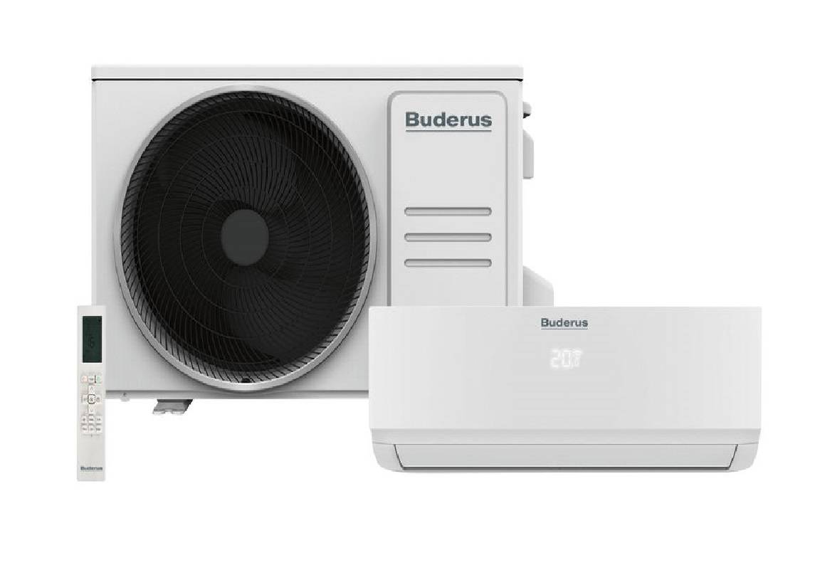 Buderus wandmontiertes Klimaanlagensystem mit Außeneinheit, Inneneinheit und Fernbedienung auf weißem Hintergrund.