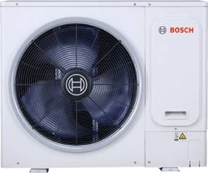 Bosch Außenklimageräteeinheit mit großem kreisförmigem Lüfter und Bedienfeld auf der rechten Seite.