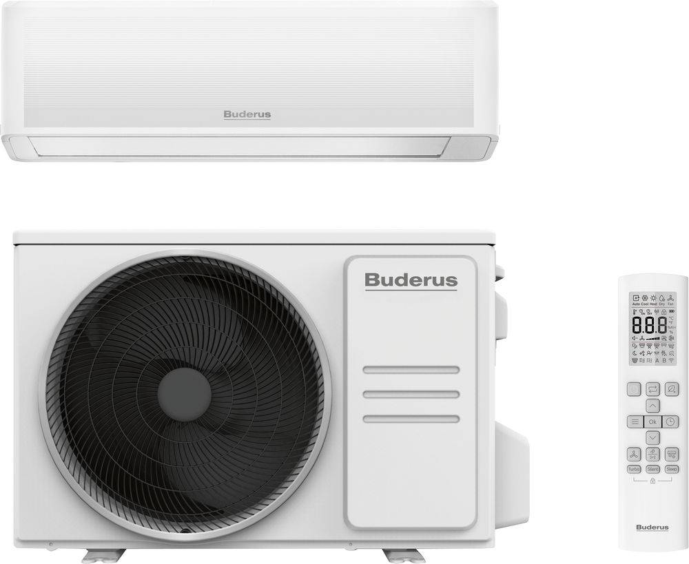 Buderus Klimaanlage-Set mit Wandgerät für Innenbereich, Außenkondensator mit Ventilator und Fernbedienung.