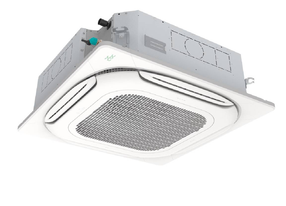 Deckengestütztes HVAC-Kassettengerät mit quadratischem weißem Lüftungsgitter und grauem Gehäuse für die Steuerung, freigestellt auf weißem Hintergrund dargestellt.