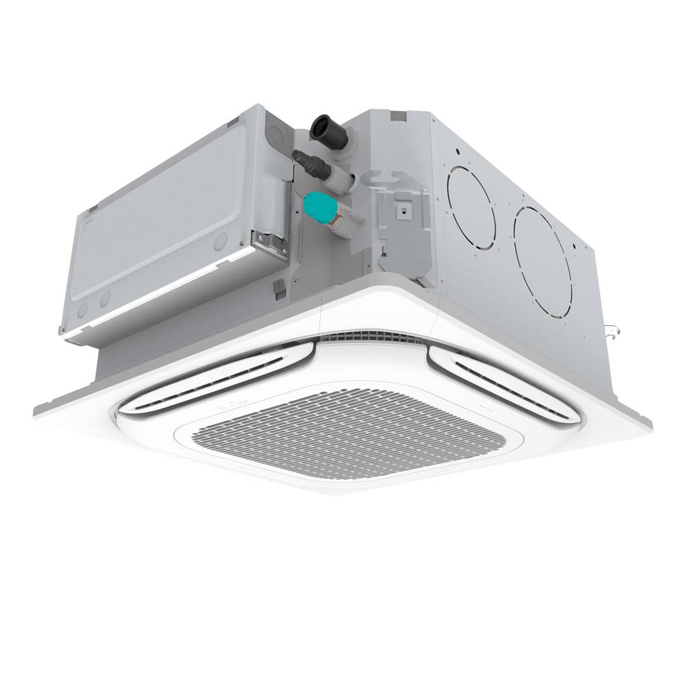 Kassettenklimagerät an der Decke in Perspektivdarstellung, mit quadratischer weißer Innenauslass und freiliegendem grauem Gehäuse und Anschlüssen.