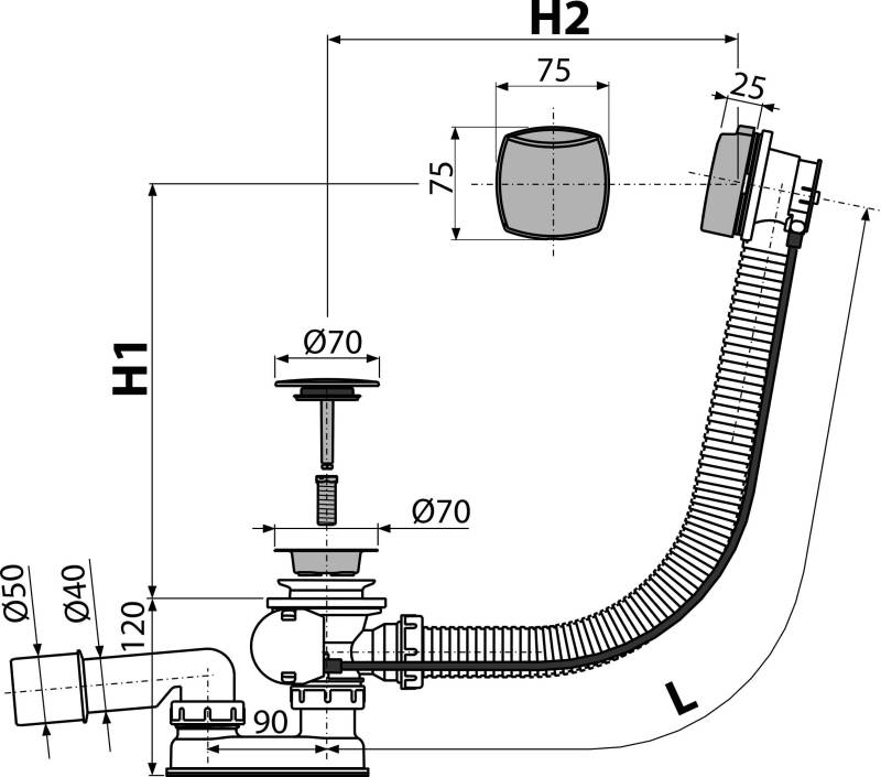 Technische Schemazeichnung einer gekrümmten Rohr-/Kanalkomponente mit Ventil und Armaturen, mit Bemessungslinien und Maßen für Installation oder Entwurf.
