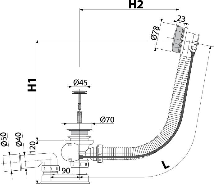 Diagramm einer Satellitenschüssel-Antennenanlage mit einem gekrümmten Kabel, das zur Schüssel führt, und einem separaten Bolzen- und Halterungsteil, das links abgebildet ist.