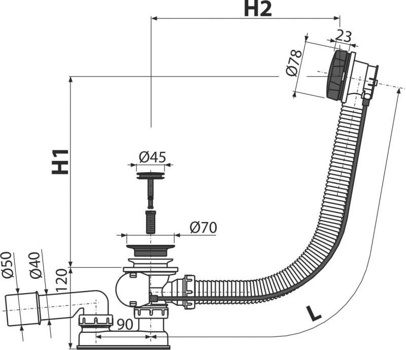 Technische Schemazeichnung eines Rohrleitungssystems mit einem großen gekrümmten Rohrbogen auf der rechten Seite, das Abmessungen mit den Bezeichnungen H1 und H2 zeigt.