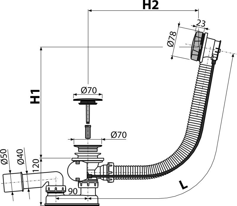 Technische Liniendarstellung einer industriellen Rohrleitungsbaugruppe, die einen gekrümmten flexiblen Schlauch oder Kanal mit geflanschten Anschlüssen und Bemaßungsbeschriftungen wie H1, H2 und 870 zeigt.