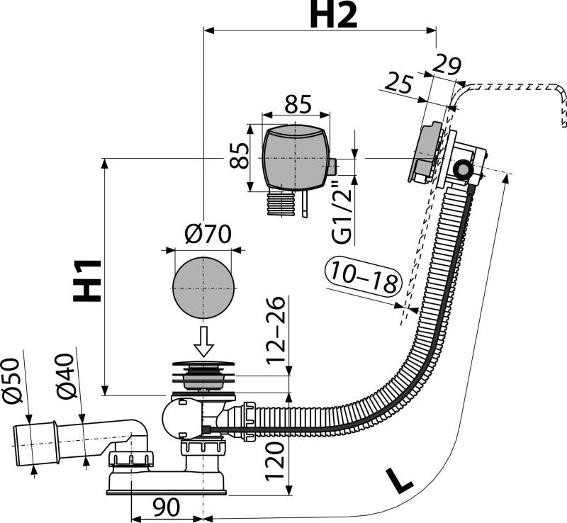 Technisches Ingenieur-Schaltplan einer gekrümmten Rohr- oder Leitungsanordnung mit Dimensionsannotationen und beschrifteten Messungen wie H1, H2, Ø70 und 90.