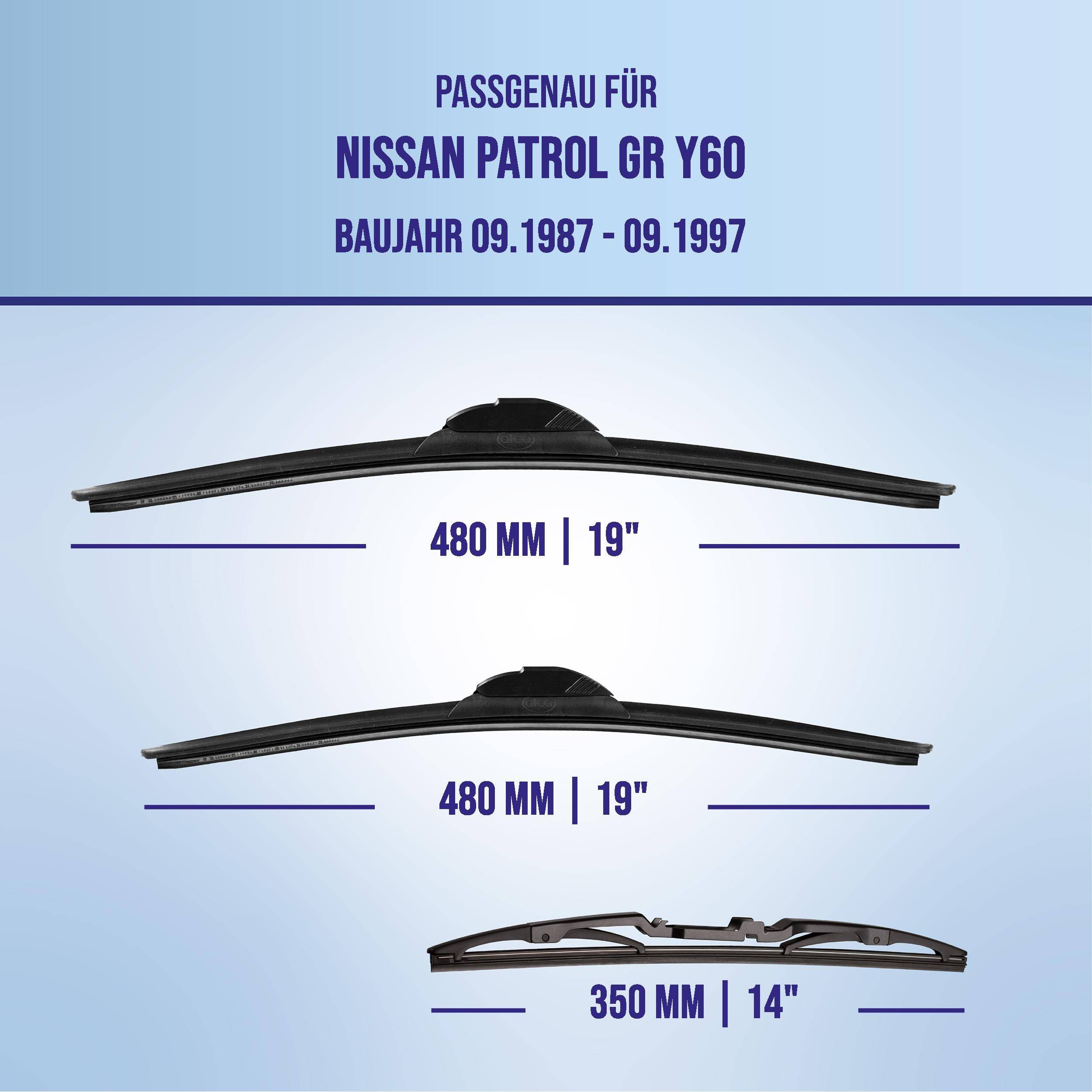 Produktgrafik zeigt Wischerblätter kompatibel mit Nissan Patrol GR Y60, Modelljahre 09.1987-09.1997: zwei 480 mm (19