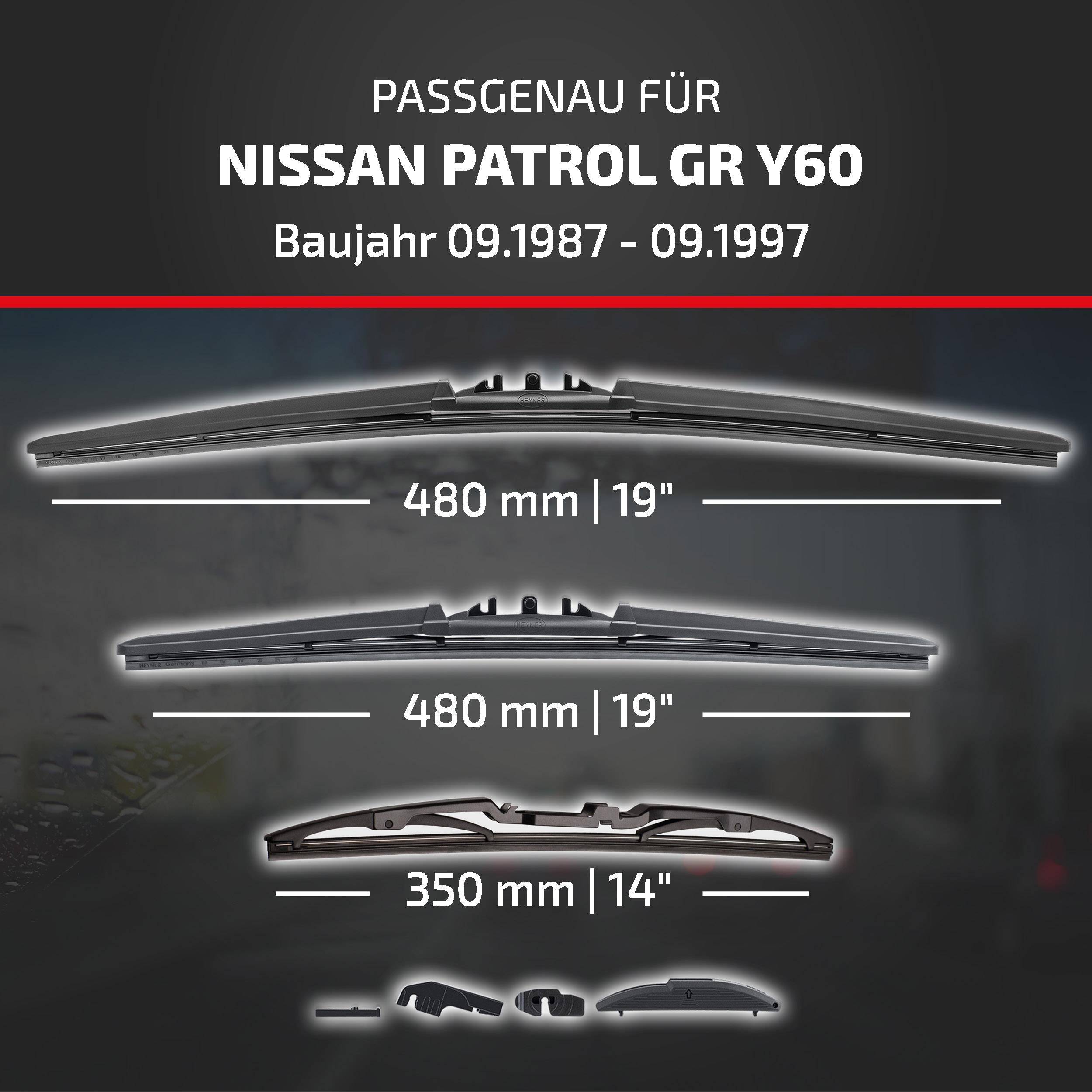 Kompatibilitätstabelle für Nissan Patrol GR Y60, Modelljahre 09.1987-09.1997, mit Scheibenwischerblatt-Größen: 480 mm (19