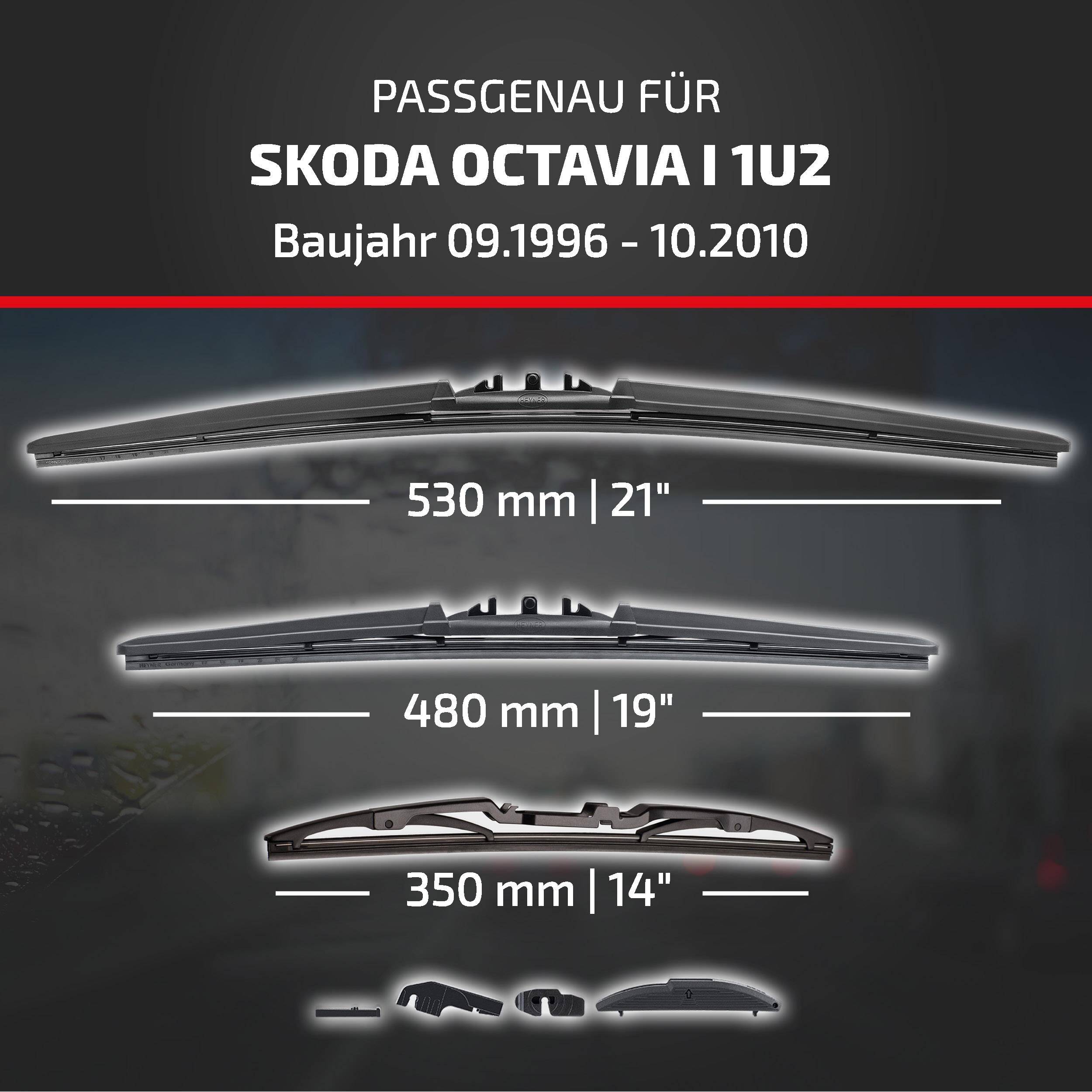 Kompatibilitätstabelle für SKODA OCTAVIA I 1U2, Modelljahre 09.1996-10.2010, mit Wischerlängen von 530 mm, 480 mm und 350 mm.