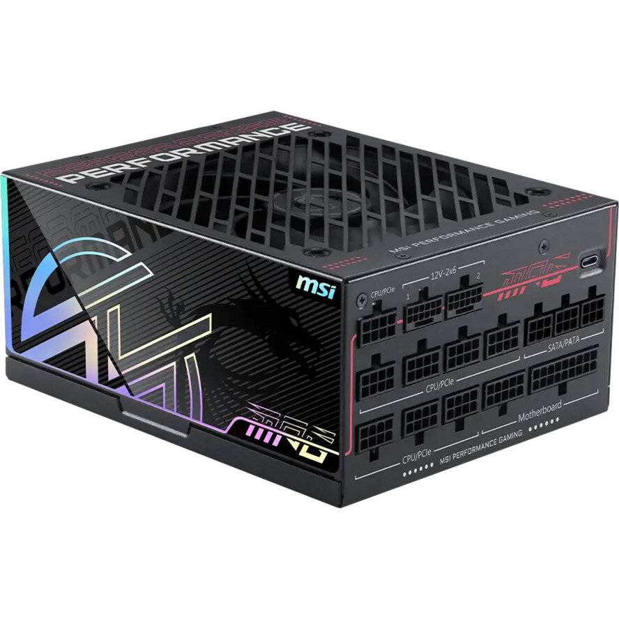MSI Performance Gaming Computer Stromversorgungseinheit mit modularen Kabelanschlüssen und schwarzem geometrischem Gaming-Design-Gehäuse.