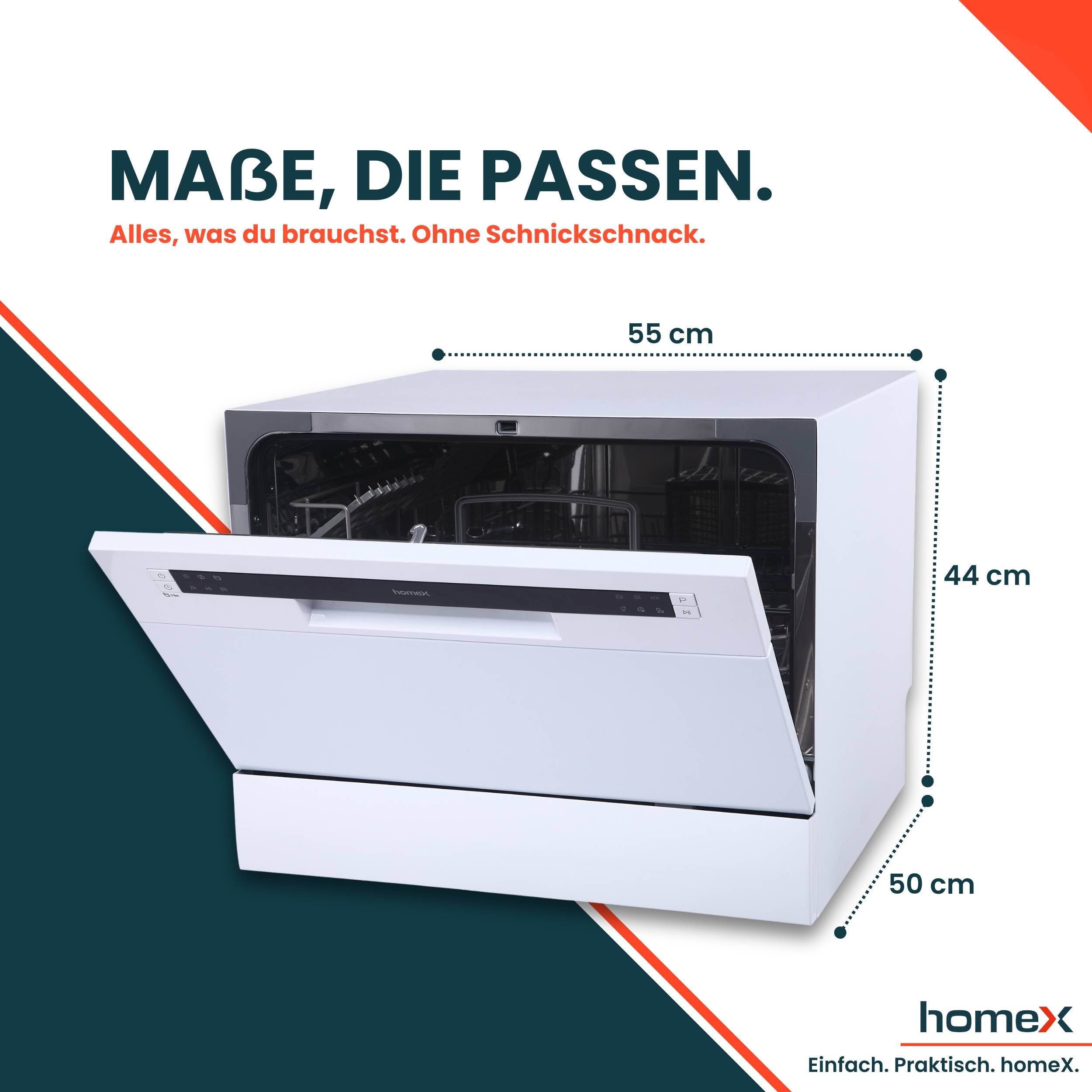 homeX GST6AD-W Tischgeschirrspüler, Mini Geschirrspüler - 6 Programme, Spülmaschine klein für 6 Maßgedecke, AquaStop
