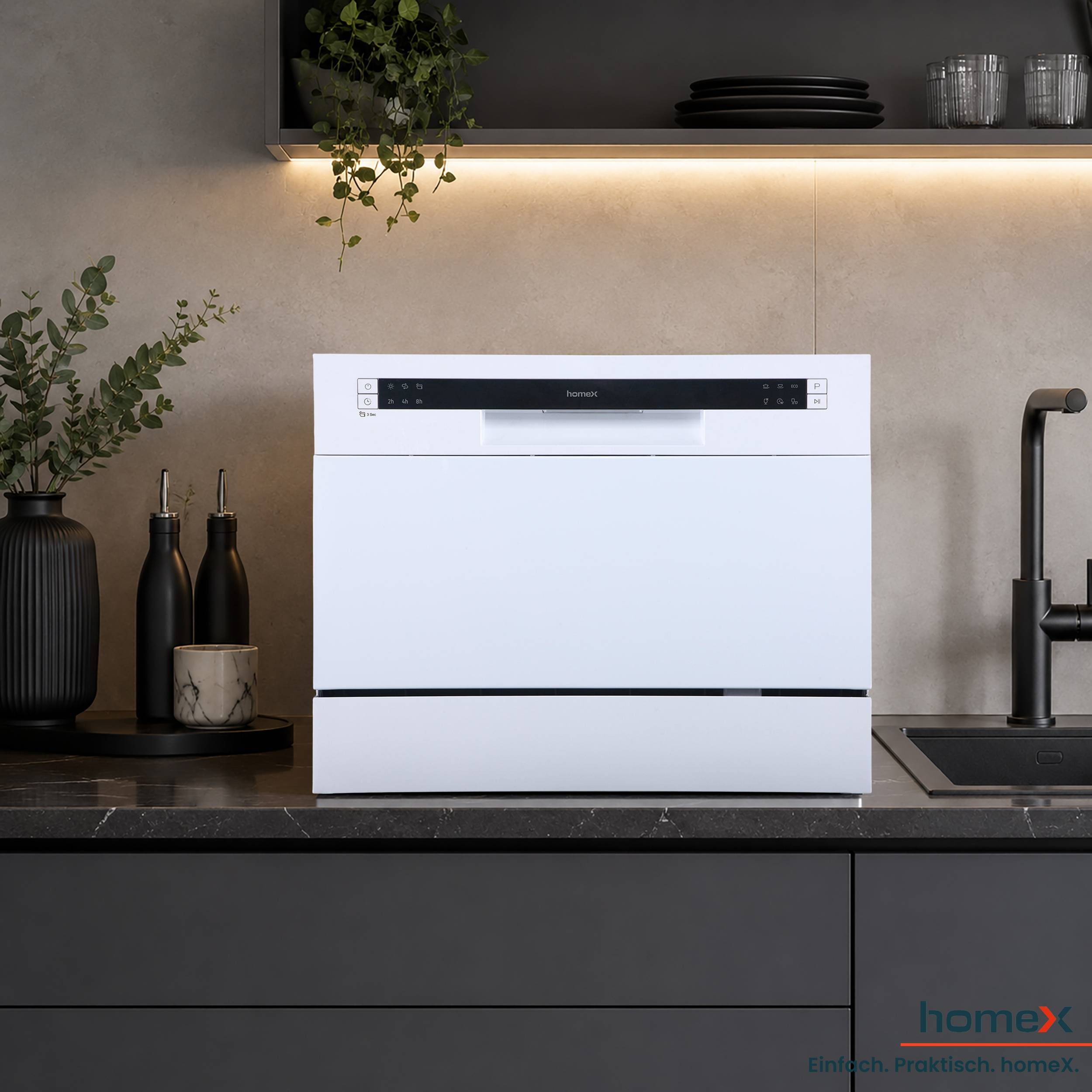 homeX GST6AD-W Tischgeschirrspüler, Mini Geschirrspüler - 6 Programme, Spülmaschine klein für 6 Maßgedecke, AquaStop