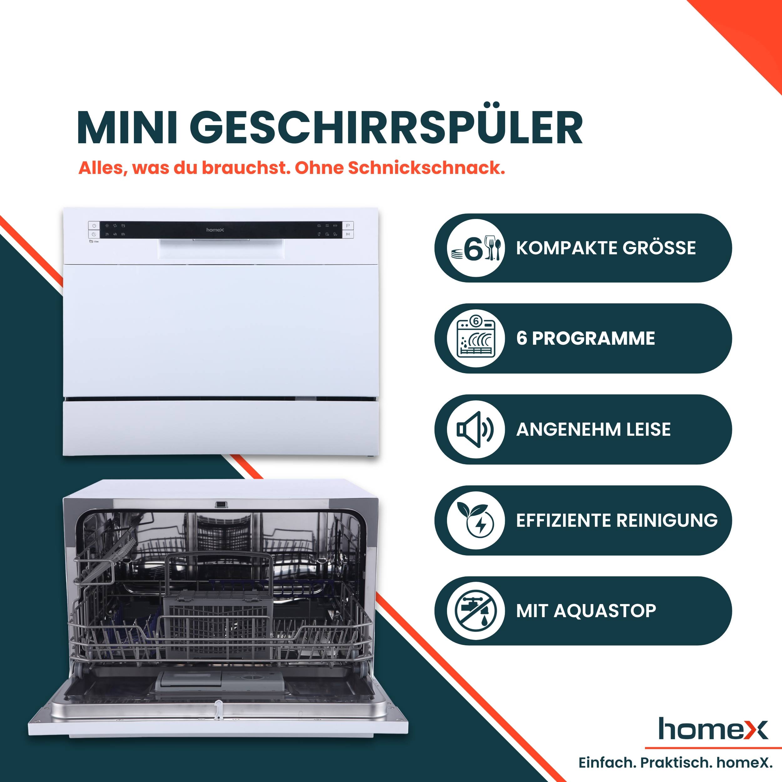 homeX GST6AD-W Tischgeschirrspüler, Mini Geschirrspüler - 6 Programme, Spülmaschine klein für 6 Maßgedecke, AquaStop