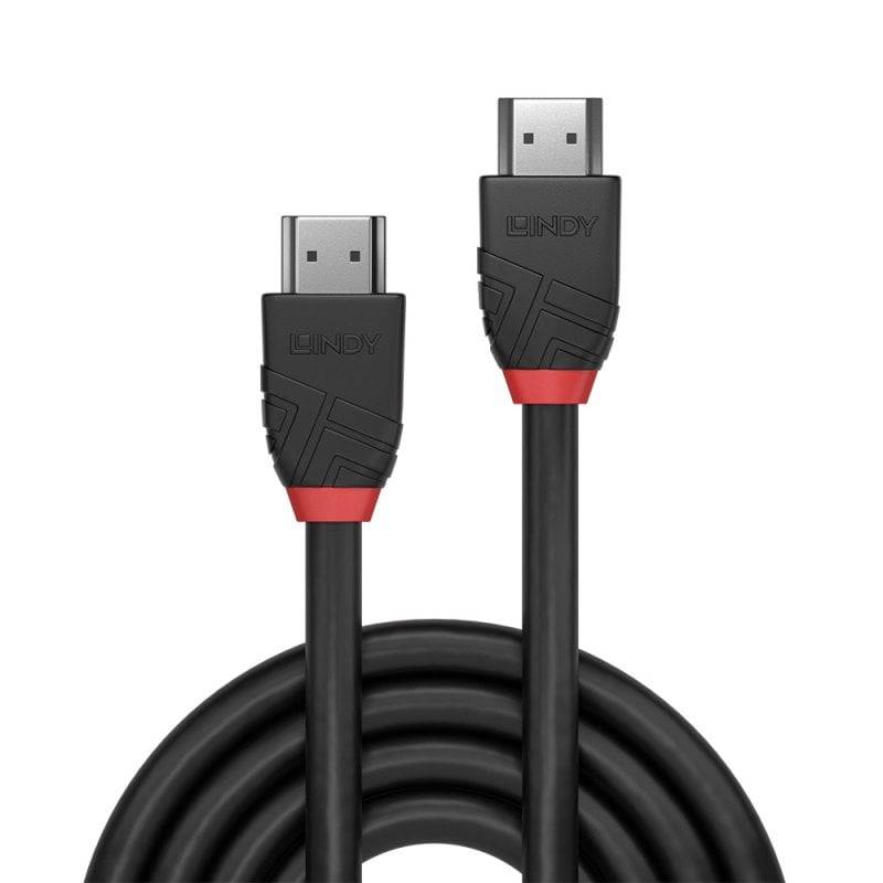 Zwei schwarze Lindy HDMI-Kabel mit roten Akzenten, aufgewickelt dargestellt und endend in männlichen HDMI-Steckern auf weißem Hintergrund.