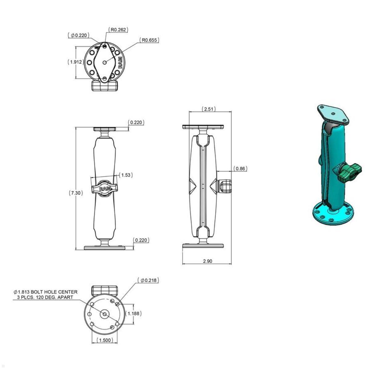 RAM Mounts Aufbau-Set - runde Basisplatte, langer Verbindungsarm, Diamond Basisp...