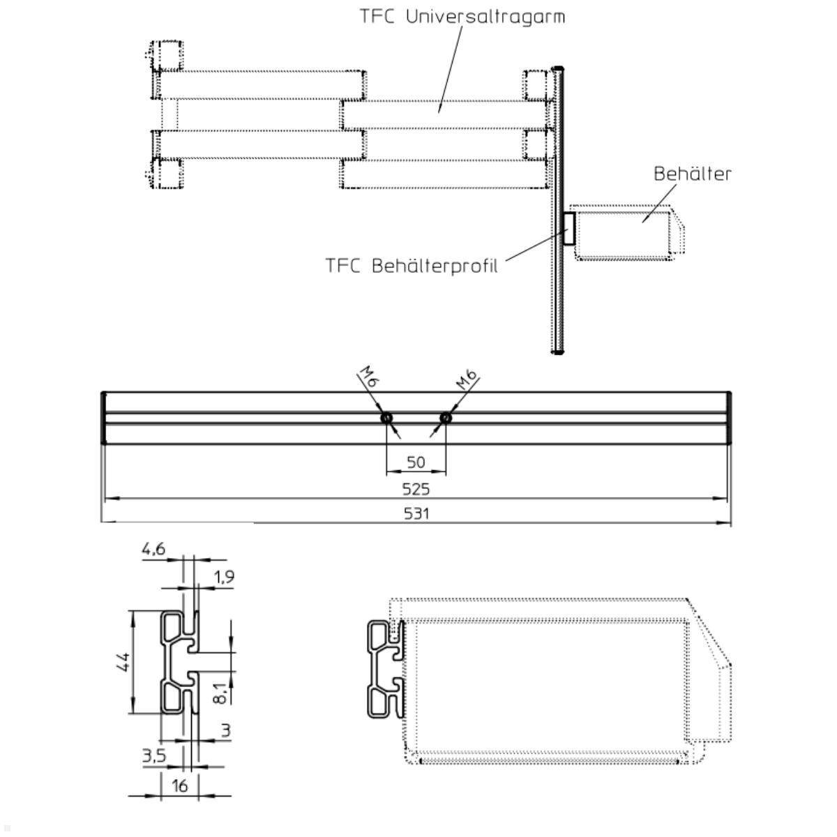 Novus TFC Behälterprofil 525 mm für Alu Profil (795+8029+000)