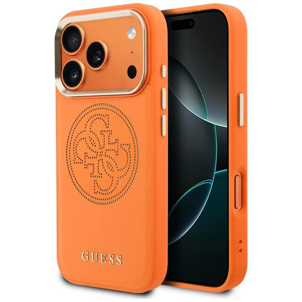 Orange Guess Handyhülle auf einem iPhone, mit dreifacher Kameraaussparung, geprägtem Logo und Seitentasten.