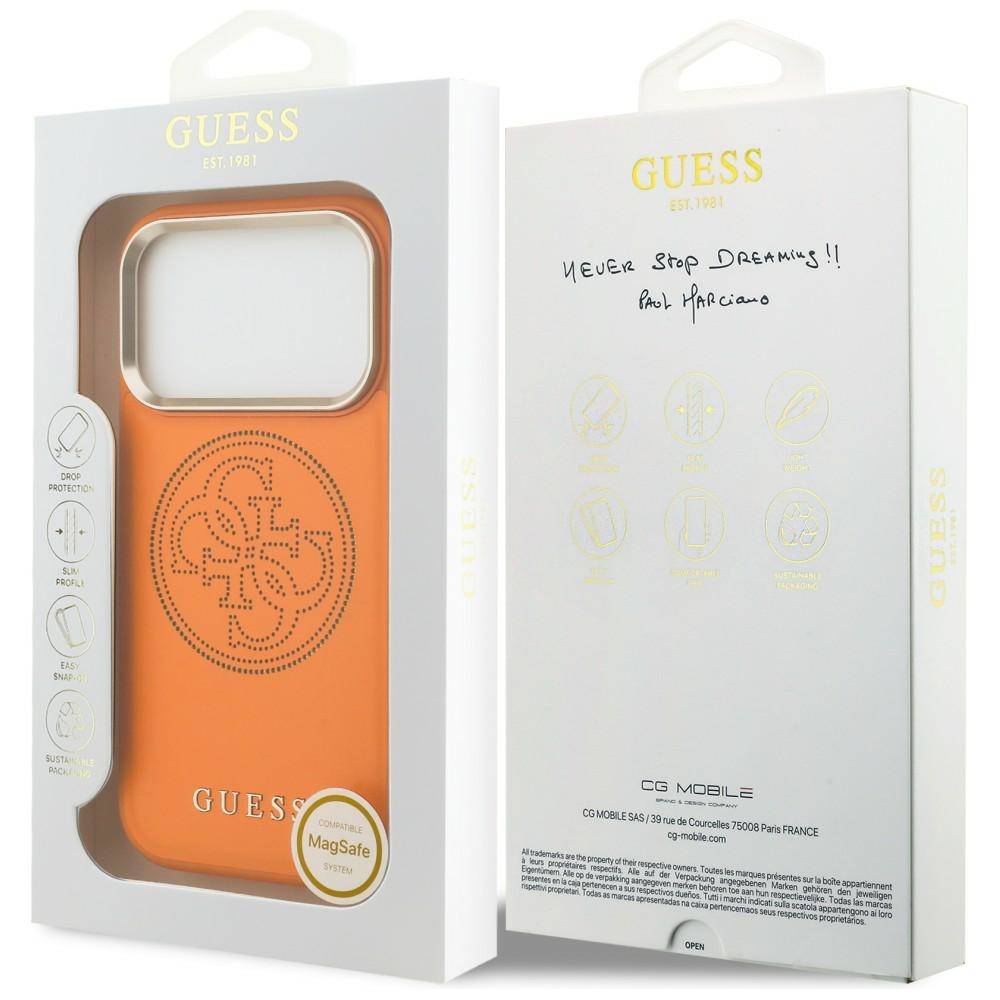 GUESS Branded orange MagSafe Handyhülle in Einzelhandelsverpackung, von vorne und hinten gezeigt mit 'Never Stop Dreaming!!' von Paul Marciano.
