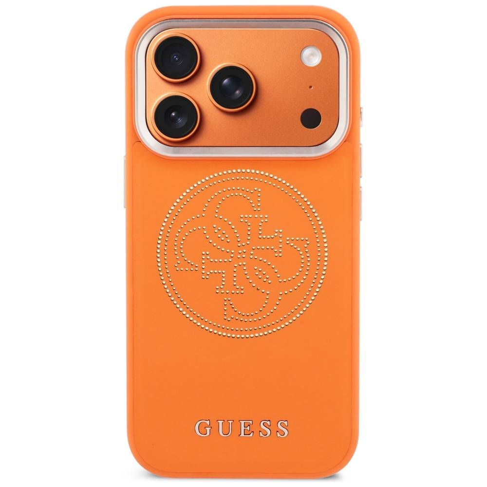Orange Guess-Handyhülle mit erhabenem Logo und dreifacher Kameraaussparung für ein iPhone.