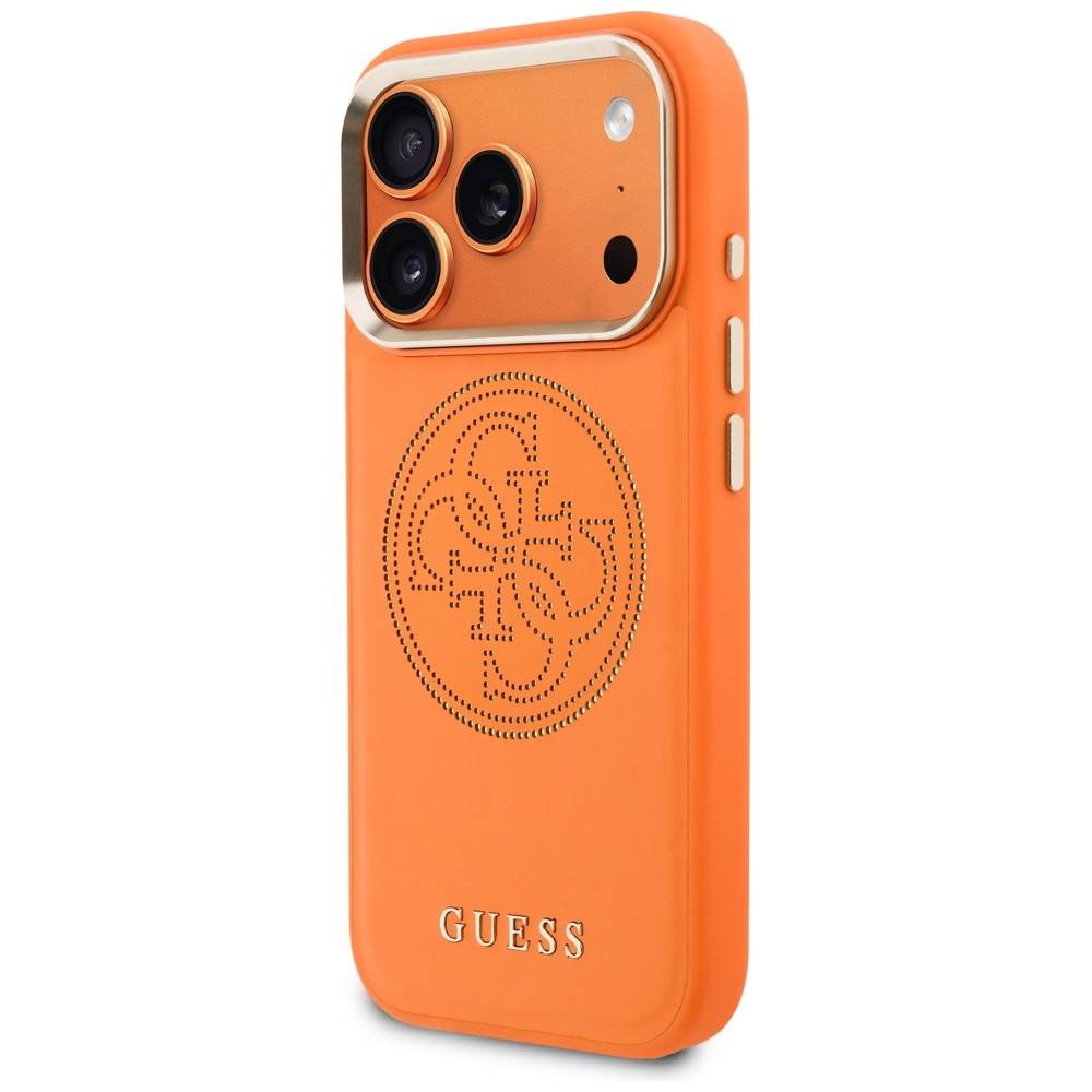 Orange Guess Smartphone-Hülle mit geprägtem Logo, dreifachem Kameraschnitt und seitlichen Tastenöffnungen.