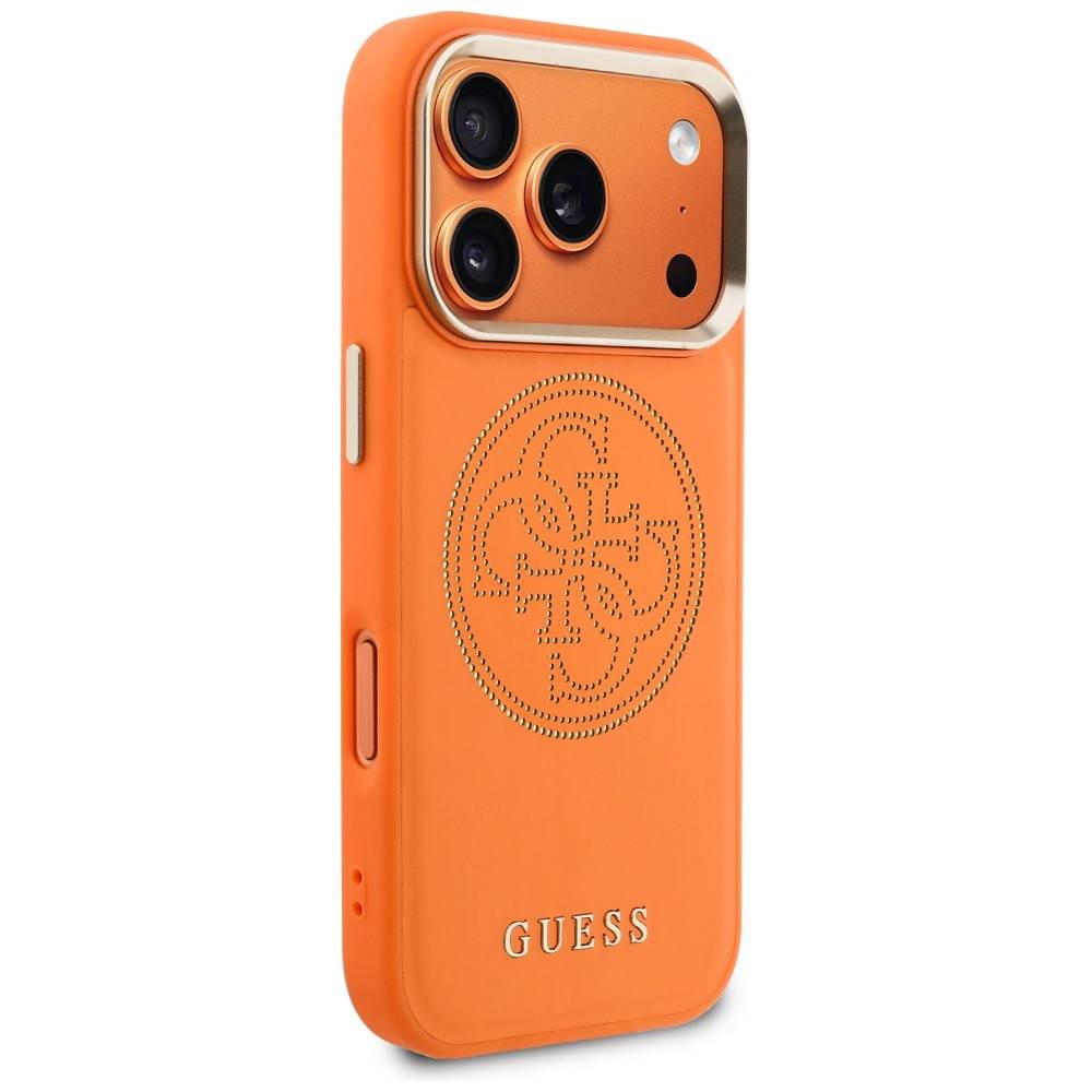 Orange Guess Handyhülle mit dreifachem Kameraausschnitt, geprägtem Logo und goldener Verzierung