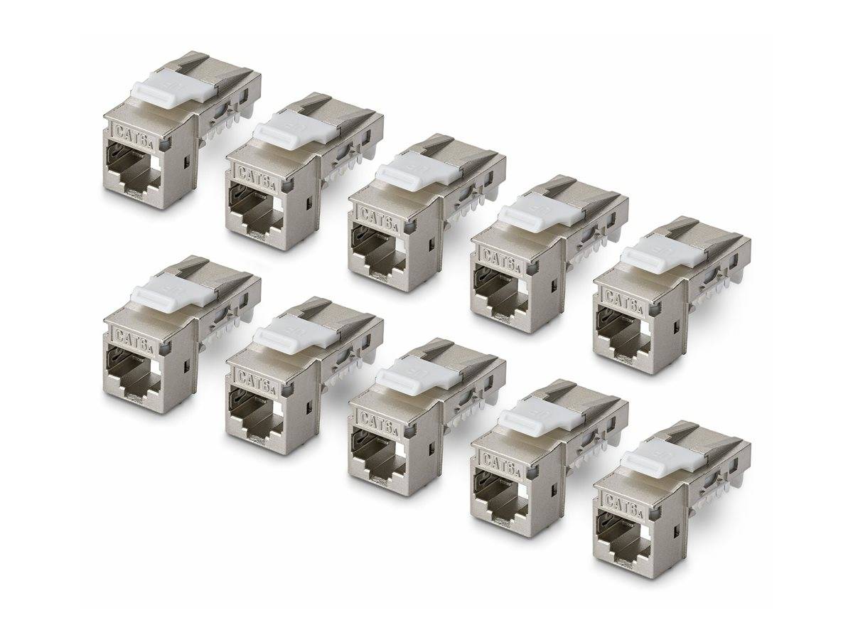 Eine Gruppe von Ethernet-Kabelverbindern mit Metallgehäusen, angeordnet in Reihen auf weißem Hintergrund.