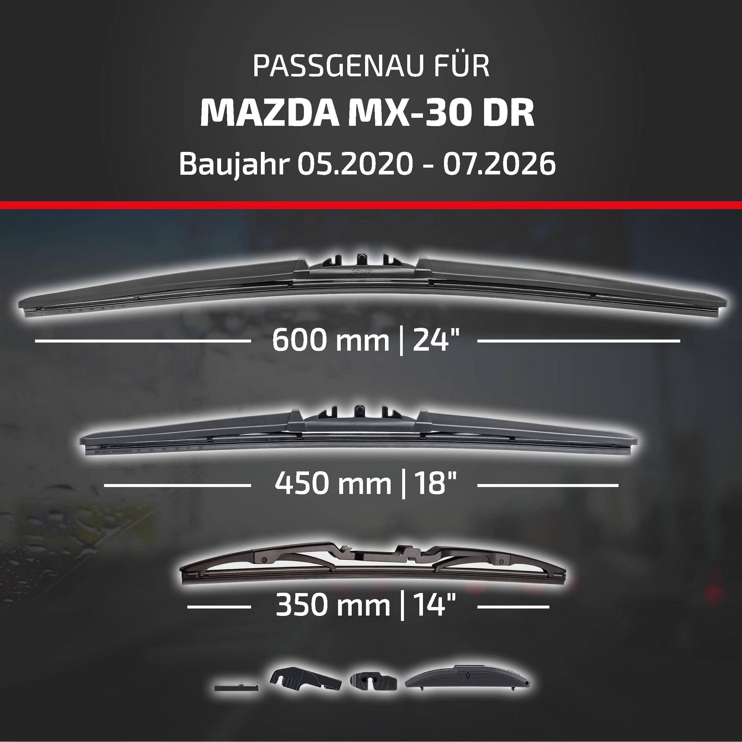 HEYNER® Scheibenwischer Komplettset für MAZDA MX-30 05.2020 - 08.2026, HYBRID Flachbalkenwischer,