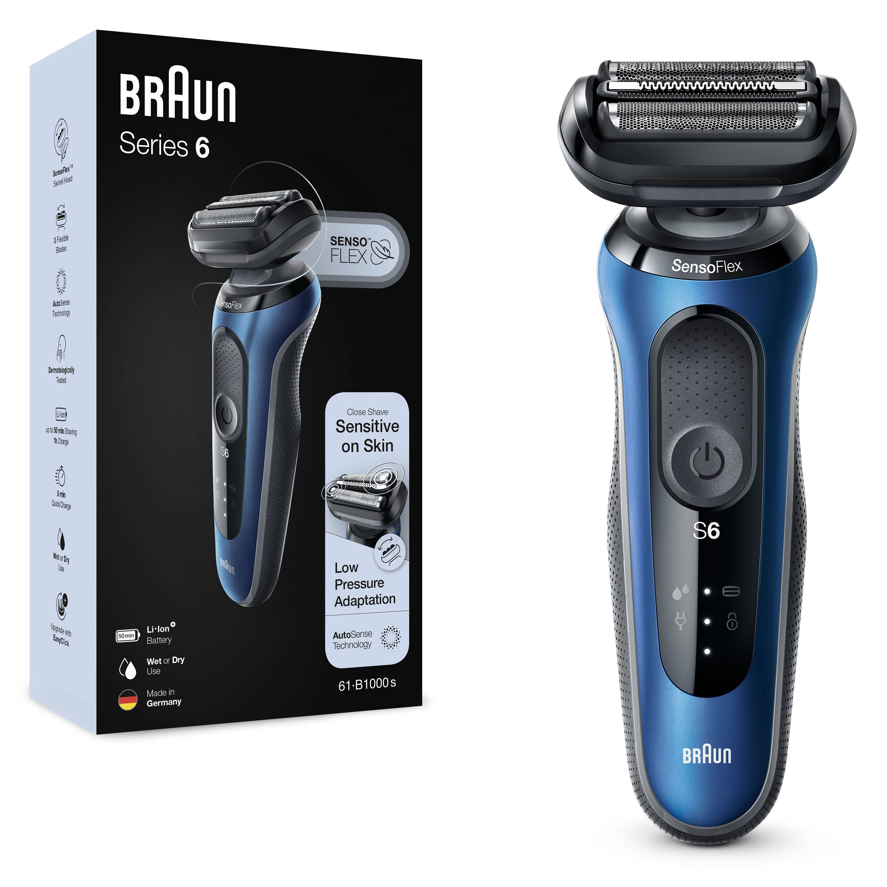 Braun Series 6 Elektrorasierer mit Produktverpackung, blau-schwarzem Design und SensoFlex-Kopf für empfindliche Haut.