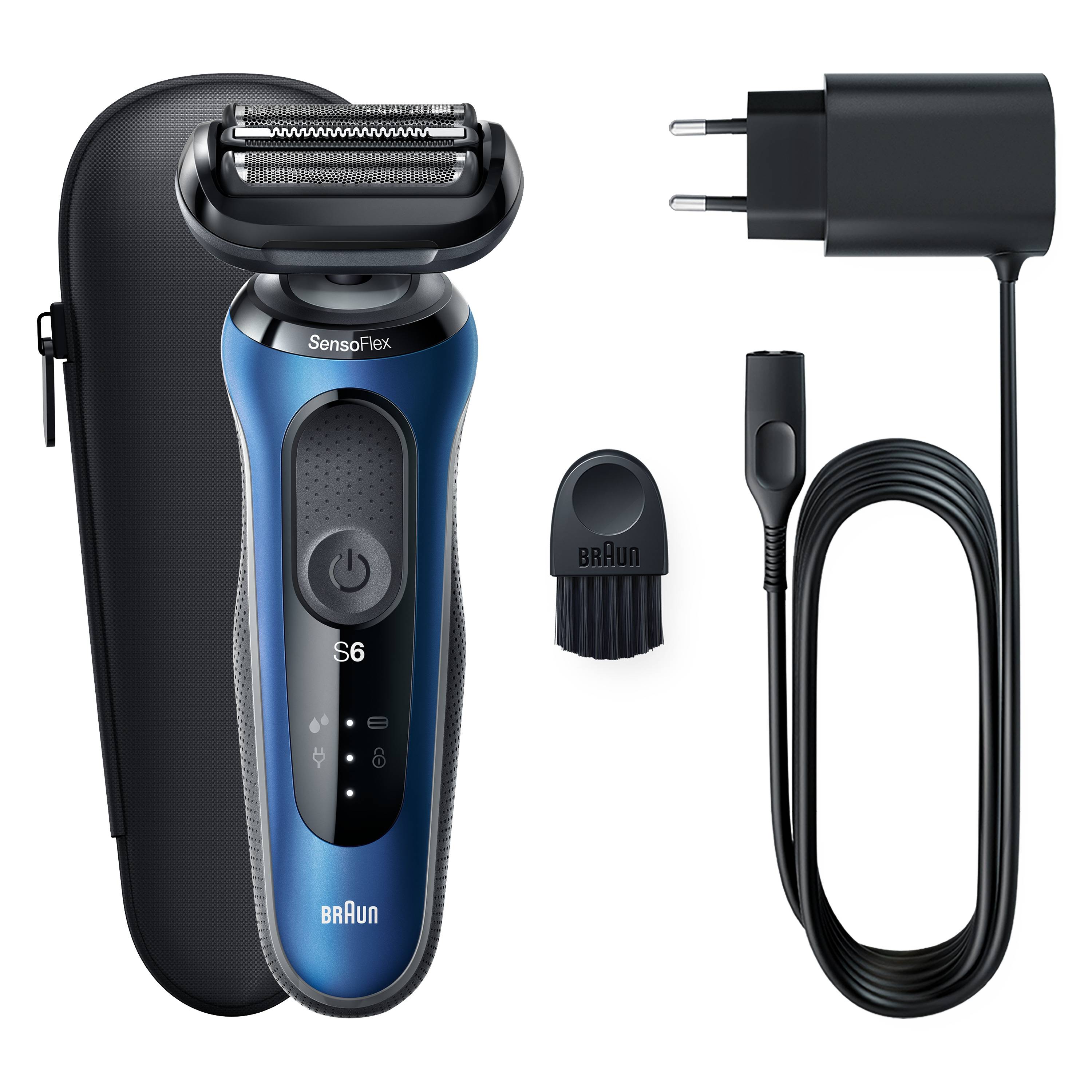Braun S6 Elektrorasierer-Set mit Ladekabel, Reinigungsbürste und Reiseetui auf weißem Hintergrund.