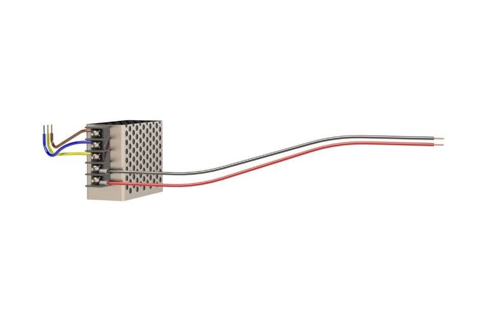Elektrischer Klemmblock mit sechs auf der linken Seite angeschlossenen Drähten und zwei nach rechts führenden Ausgangsdrähten.