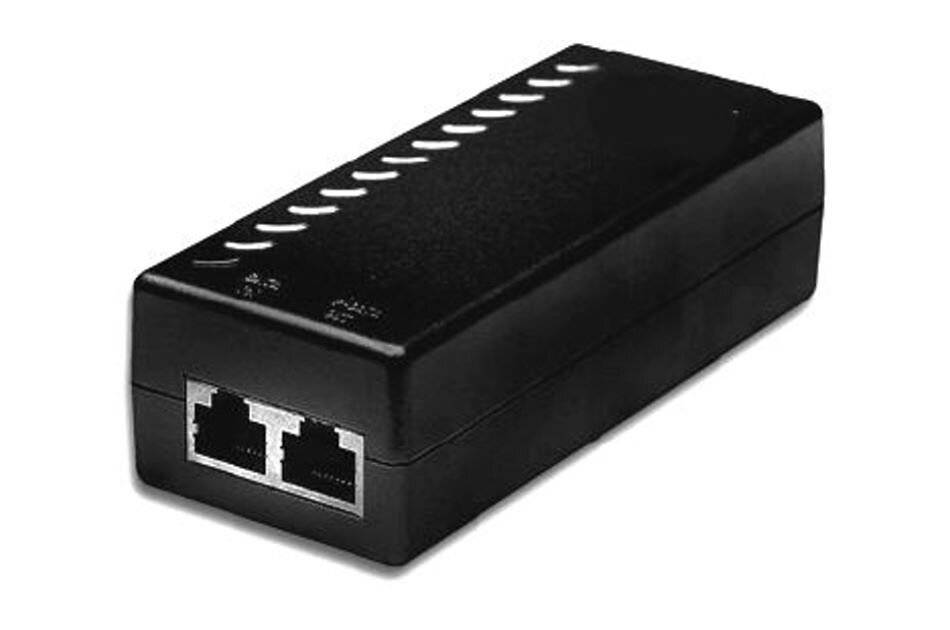 Schwarzer rechteckiger Ethernet-Netzwerkadapter mit zwei RJ45-Anschlüssen an einem Ende, abgebildet auf weißem Hintergrund.
