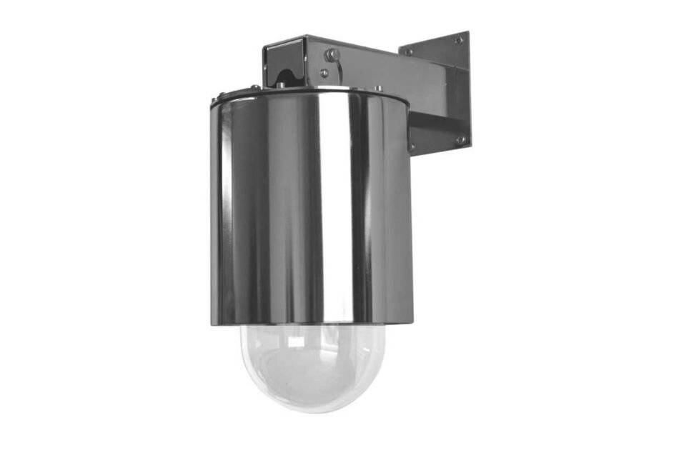 Wandmontierte schwarze Außenleuchte mit zylindrischem Metallschirm und transparentem Glaszylinder.