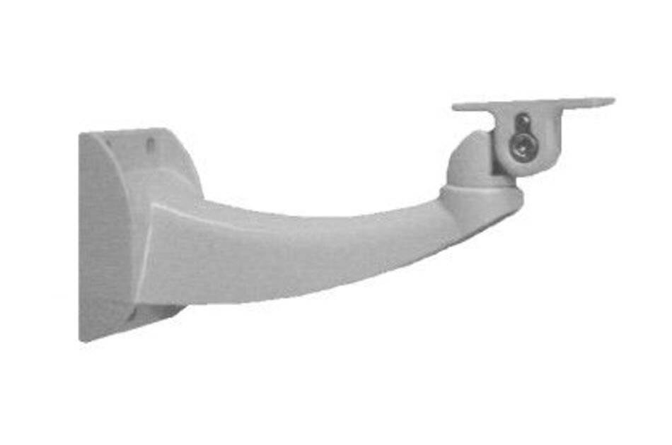 Wandmontierte Metallhalterung mit gebogenem Arm und oberer Klemmvorrichtung zur Unterstützung eines Geräts oder einer Vorrichtung.