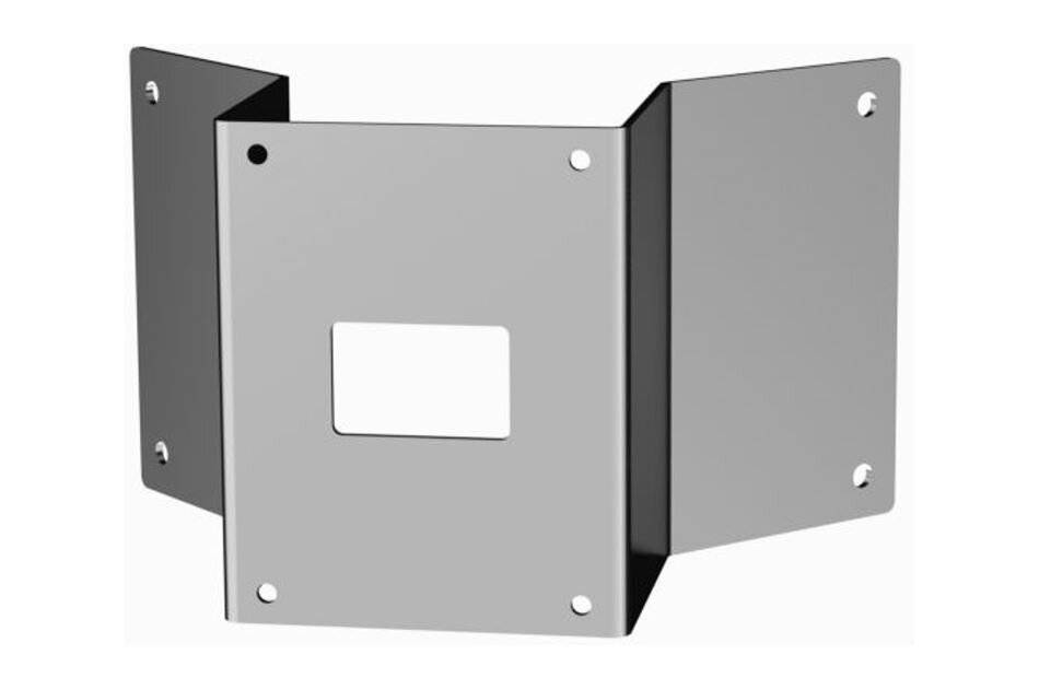 Graues Metallmontagebracket mit rechteckiger Ausschnitt, gezeigt in einer dreiseitigen Faltform mit Schraubenlöchern an den Ecken.