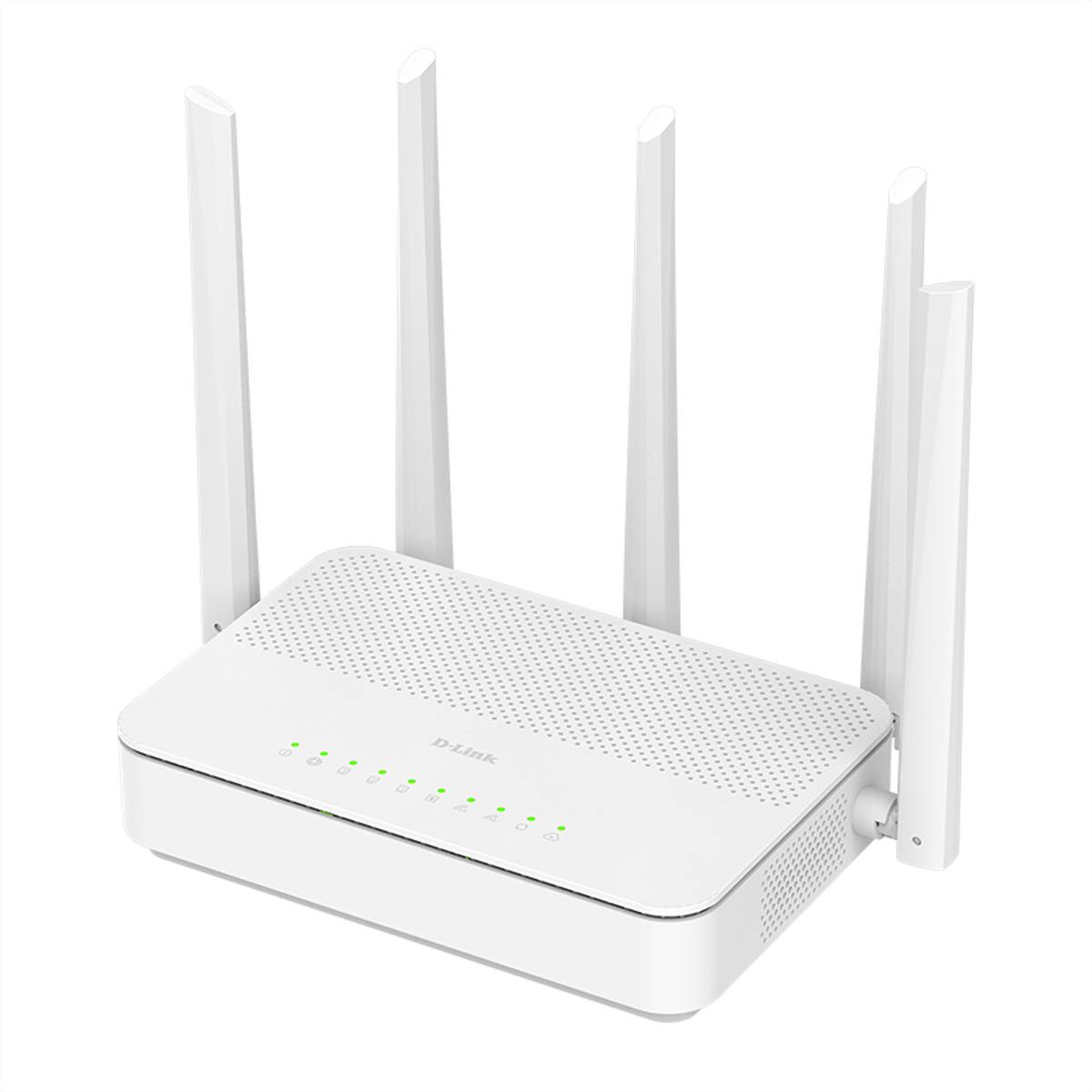 Weißer D-Link Wi-Fi-Router mit vier aufrechtstehenden Antennen und grünen Statusleuchten auf einfachem weißem Hintergrund.