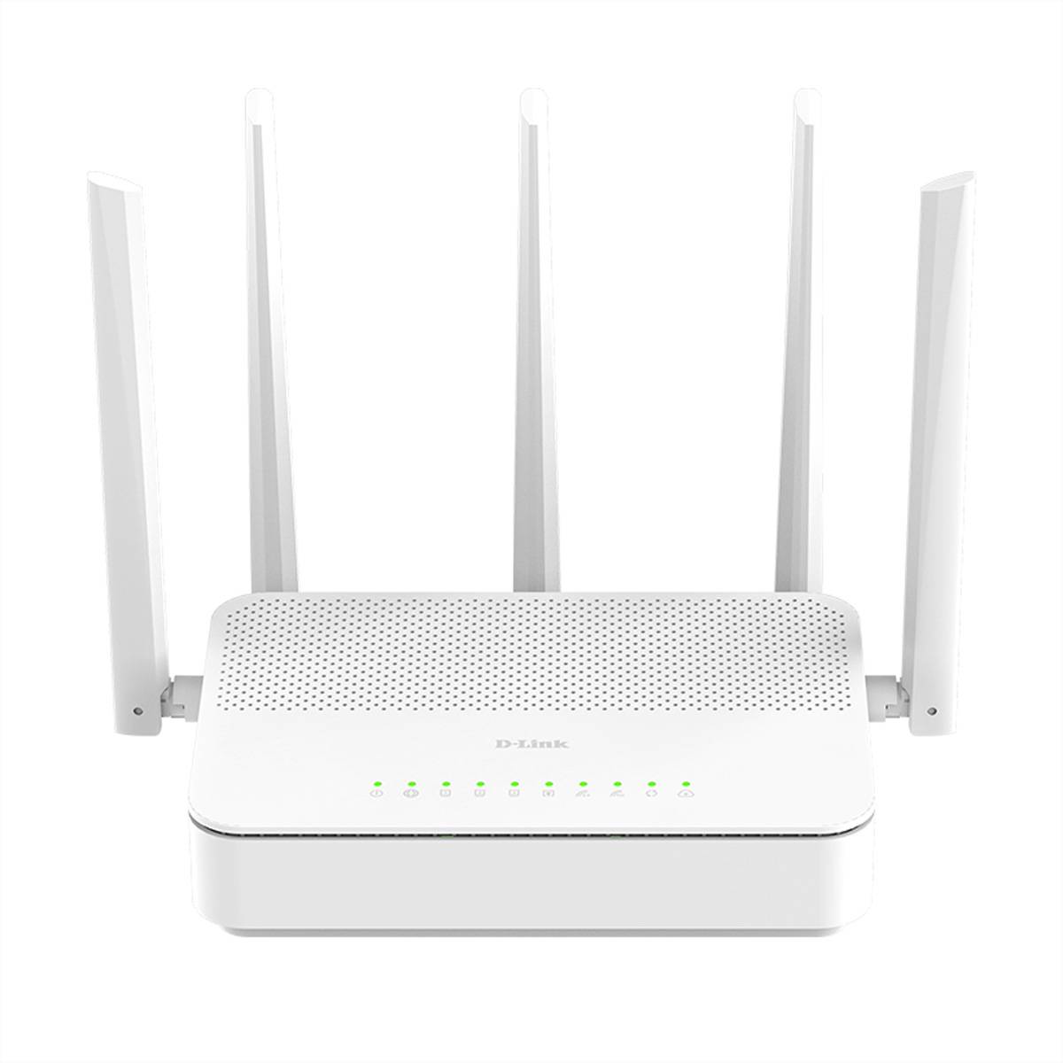 Weißer D-Link WLAN-Router mit vier aufrechten Antennen und grünen Statusleuchten auf weißem Hintergrund.