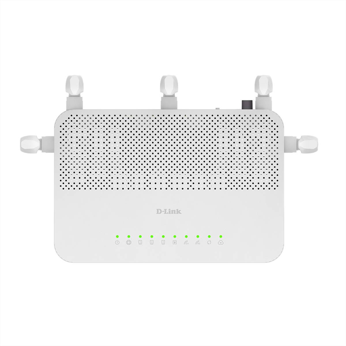 Weißer D-Link Wireless-Router mit vier Antennen und grünen Statusleuchten auf der Vorderseite.