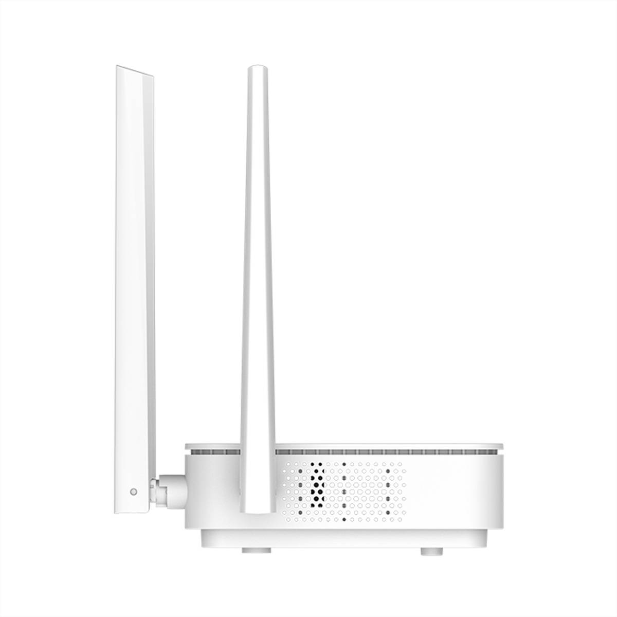 Weißer kabelloser Router mit zwei aufrechten Antennen, perforiertes Lüftungsmuster an der Vorderseite, auf einfachem Hintergrund dargestellt.
