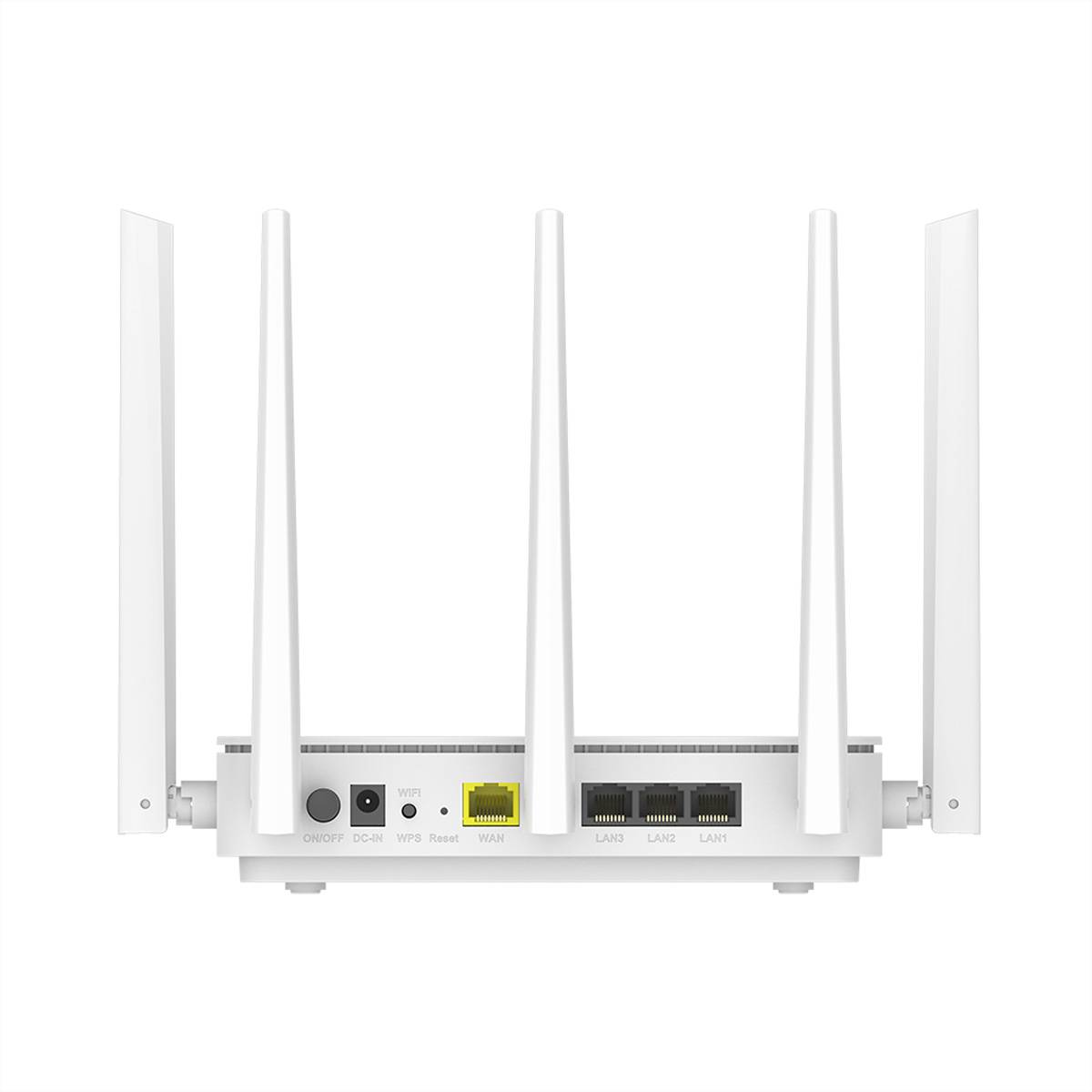 Weißer kabelloser Router mit vier Antennen, von hinten gezeigt, mit WAN- und drei LAN-Anschlüssen, Ein-/Ausschalter und Reset-/WPS-Steuerungen.