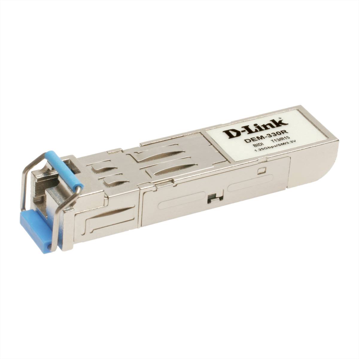 D-Link DEM-330R Faseroptik-Transceiver-Modul mit blauer Zuglasche, auf weißem Hintergrund angezeigt