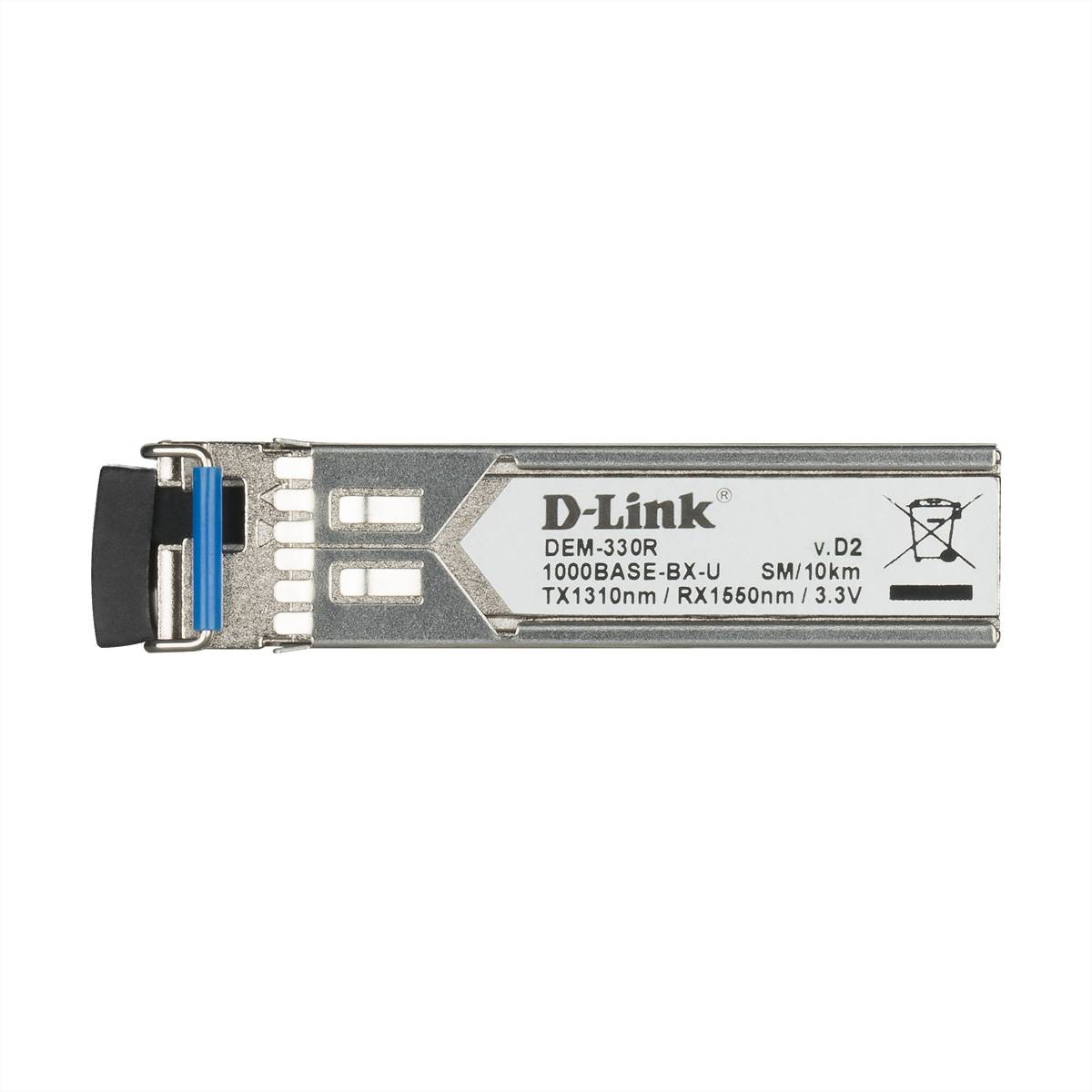 D-Link DDM-3DR SFP-Transceiver-Modul mit der Bezeichnung '1000BASE-BX-U' und 'SM/10km' auf weißem Hintergrund.